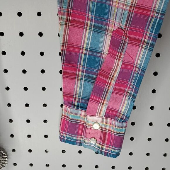 Wrancher Pink & Teal Gold Metallic Western Shirt, Pearl Snaps, Sz L - Picture 3 of 7